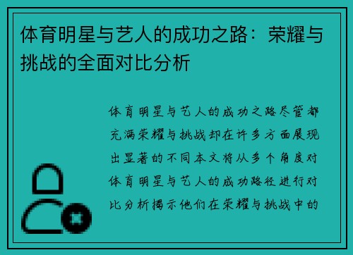 体育明星与艺人的成功之路：荣耀与挑战的全面对比分析